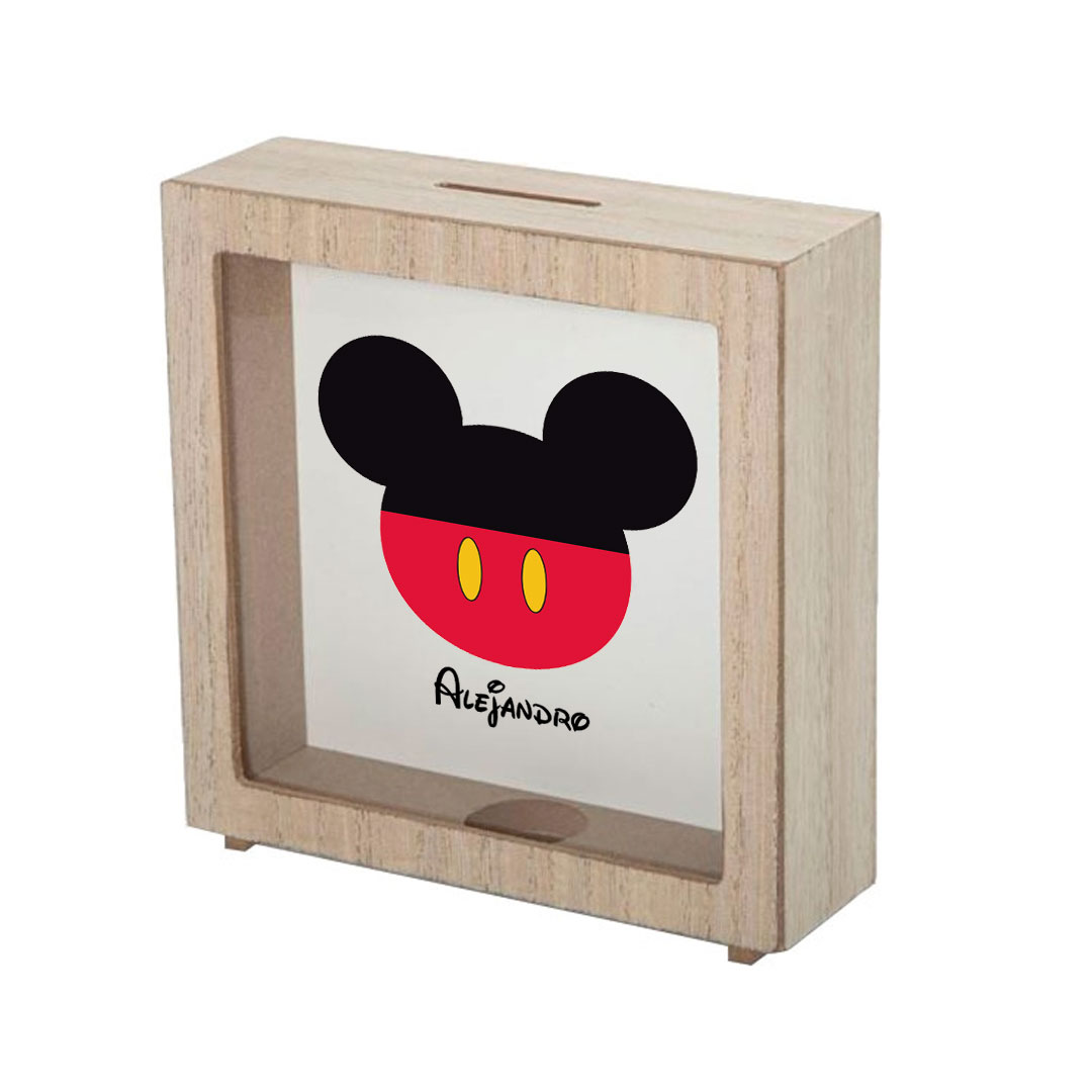 Hucha de madera diseño "Mickey" con nombre personalizado - Imagen 2