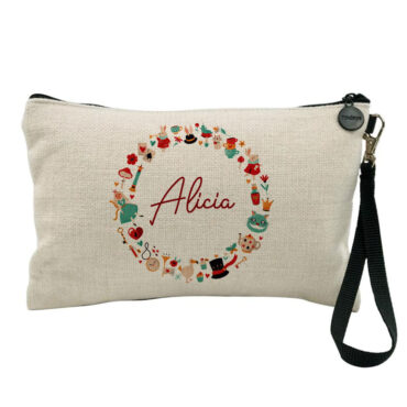 Neceser de tejido símil lino con nombre personalizado modelo "Alicia en el país de las maravillas"