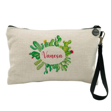 Neceser de tejido símil lino con nombre personalizado modelo "Cactus"