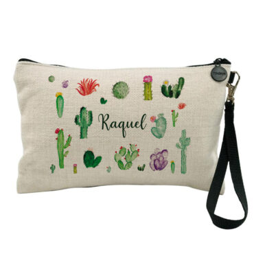 Neceser de tejido símil lino con nombre personalizado modelo "Jardín de Cactus"