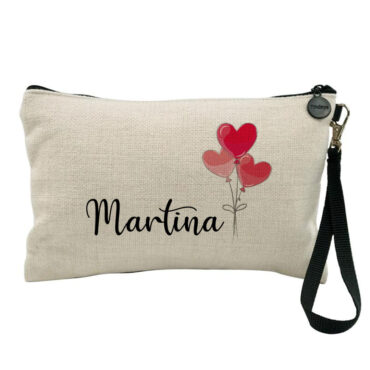 Neceser de tejido símil lino con nombre personalizado y globos con forma de corazón