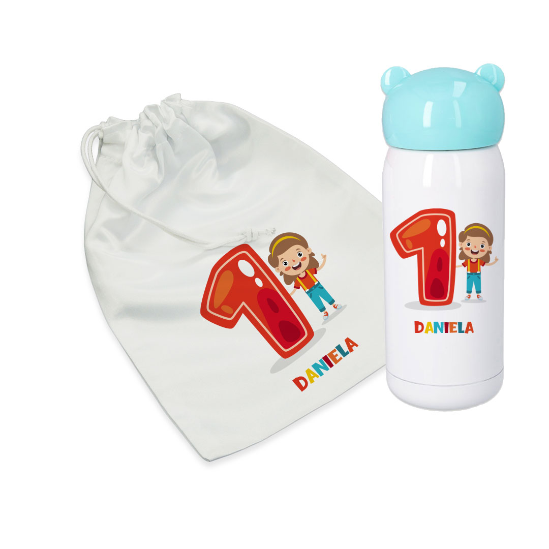 Combo termo infantil y bolsa de merienda personalizados con nombre y añitos. - Imagen 10