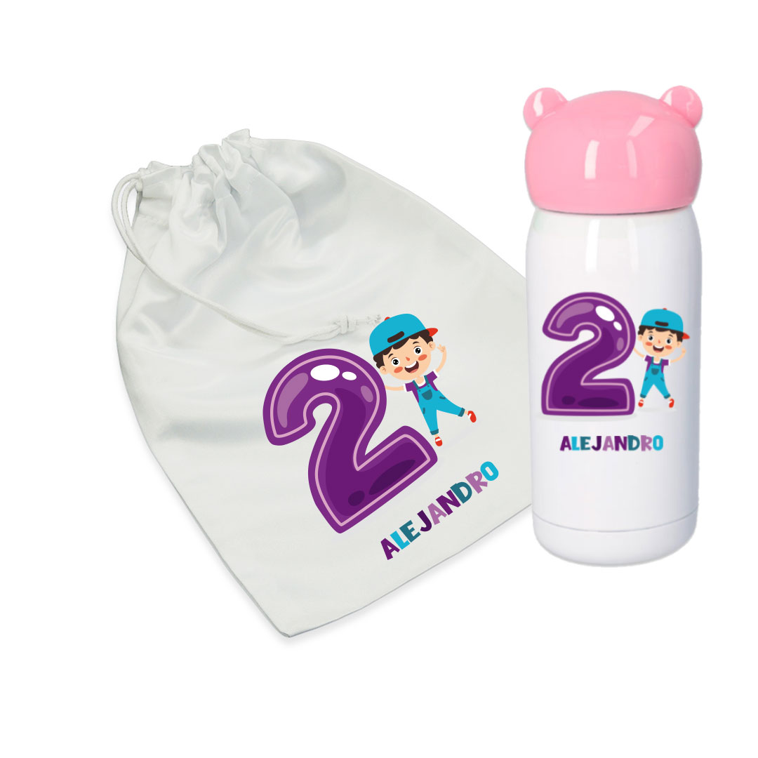Combo termo infantil y bolsa de merienda personalizados con nombre y añitos. - Imagen 9