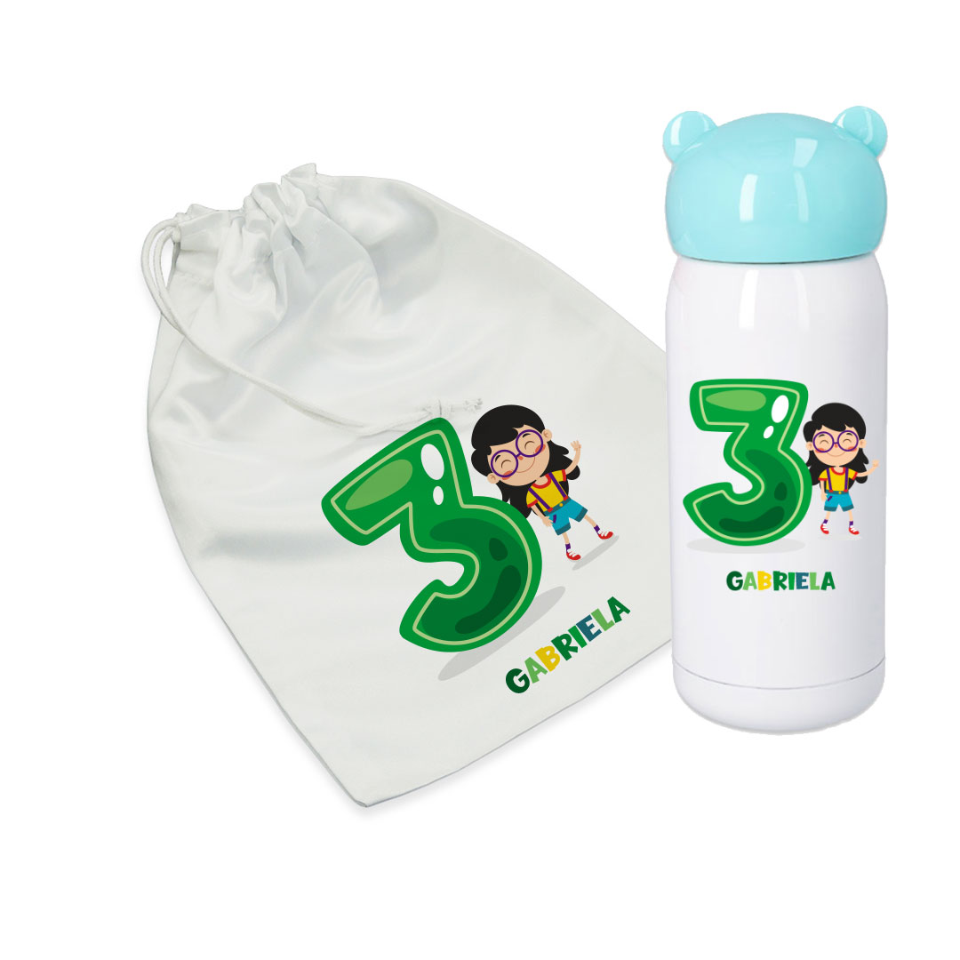 Combo termo infantil y bolsa de merienda personalizados con nombre y añitos. - Imagen 8