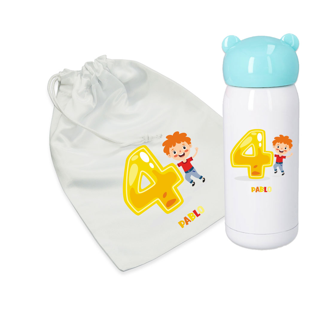 Combo termo infantil y bolsa de merienda personalizados con nombre y añitos. - Imagen 7