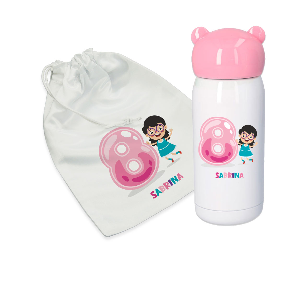 Combo termo infantil y bolsa de merienda personalizados con nombre y añitos. - Imagen 3