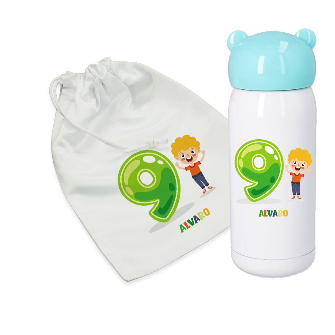 Combo termo infantil y bolsa de merienda personalizados con nombre y añitos. - Imagen 2