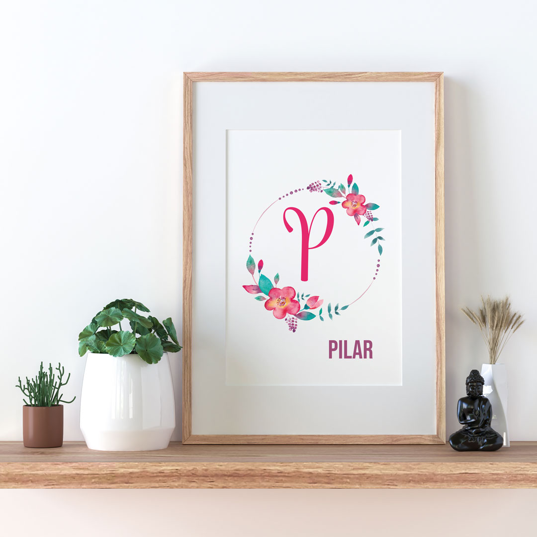 Cuadro guirnalda floral con inicial