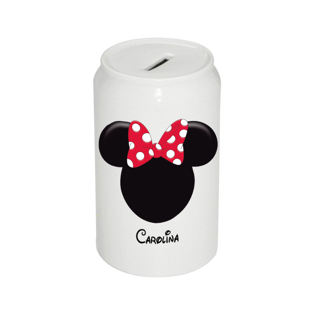 Hucha en forma de lata diseño «Minnie» con nombre personalizado