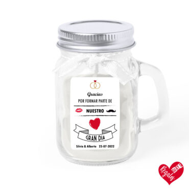 Vela aromática de cristal con diseño “Gracias por formar parte de nuestro gran día”