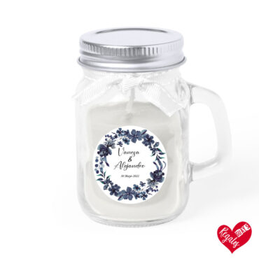 Vela aromática de cristal con diseño guirnaldas floral azul