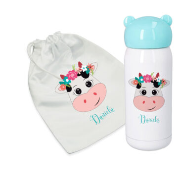 Combo termo infantil y bolsa de merienda personalizado. Modelo vaquita.