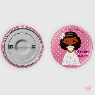 Chapa personalizada Primera Comunión con fondo de topitos