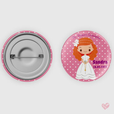 Chapa personalizada Primera Comunión con fondo de topitos