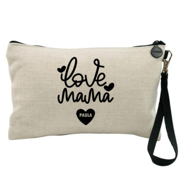 Neceser de tejido símil lino con nombre personalizado modelo "Love Mamá"