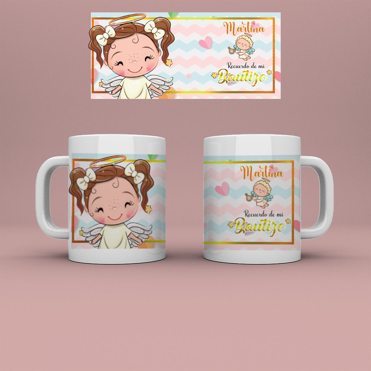Taza personalizada recuerdo de Bautizo niña. Modelo lacitos