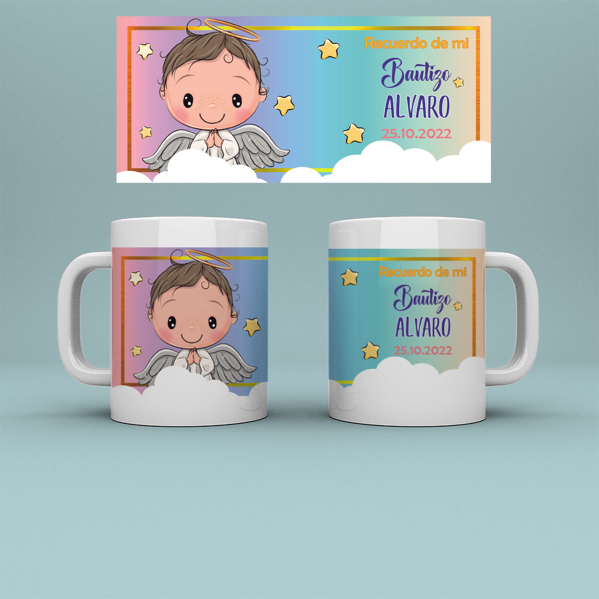 Taza personalizada recuerdo de Bautizo niño. Modelo nubecitas