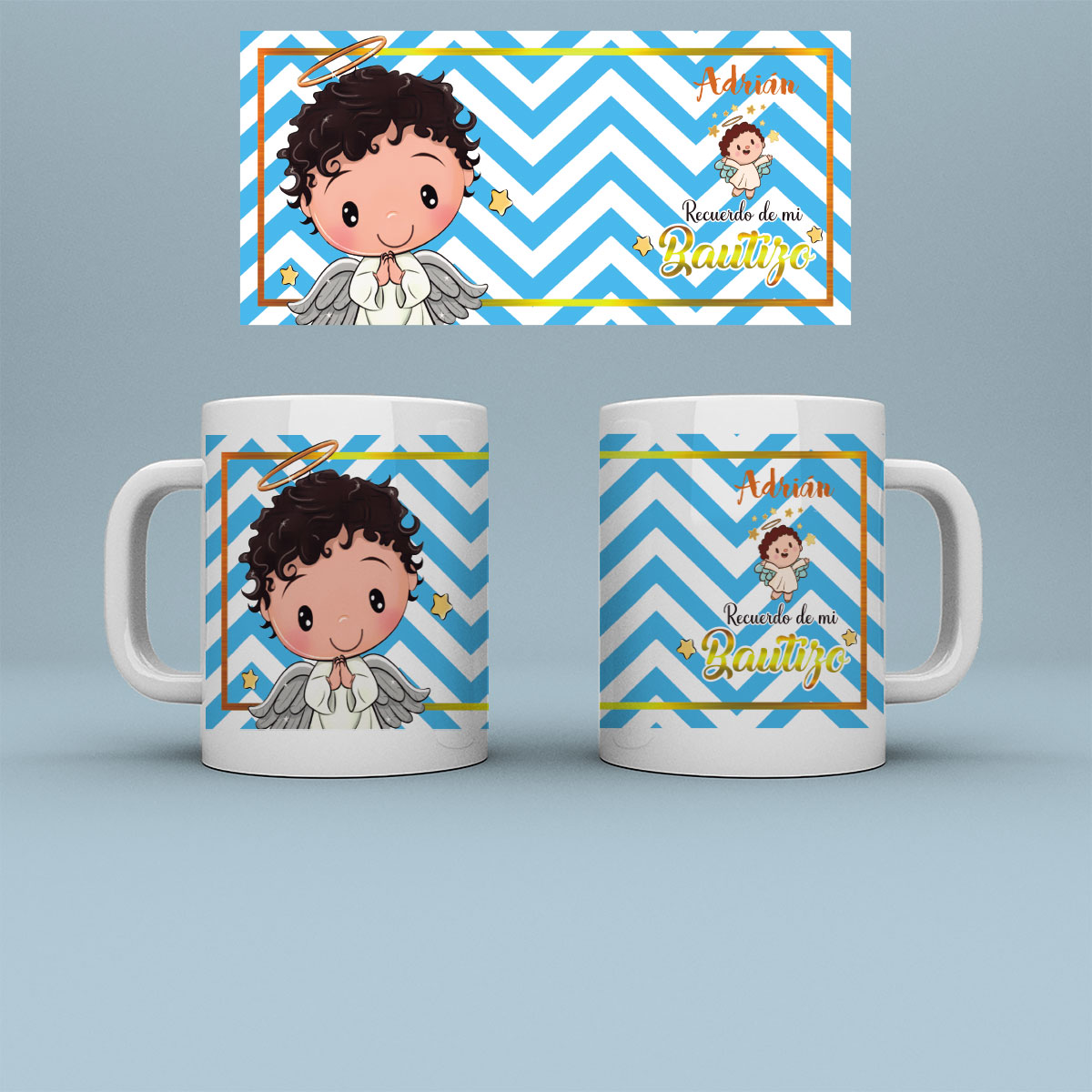 Taza personalizada recuerdo de Bautizo niño. Modelo zigzag
