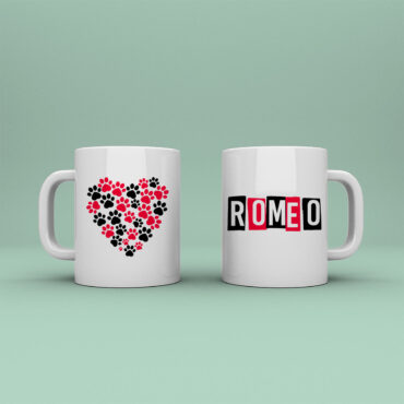 Taza con nombre de mascota personalizada diseño en rojo y negro