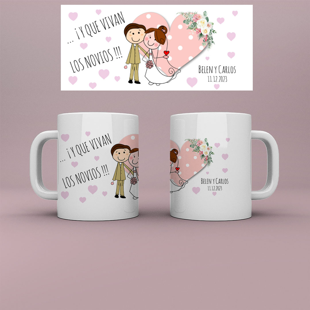 Taza personalizada modelo "Y que vivan los novios!" para detalle de Boda.