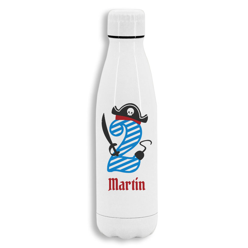 Botella de acero inoxidable blanca personalizada modelo pirata 2 años