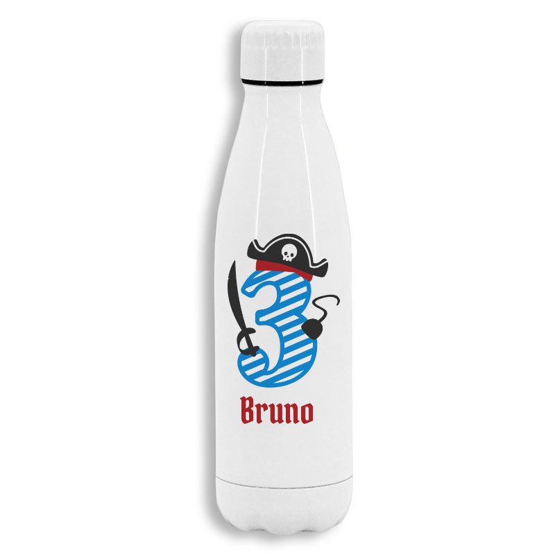 Botella de acero inoxidable blanca personalizada modelo pirata 3 años