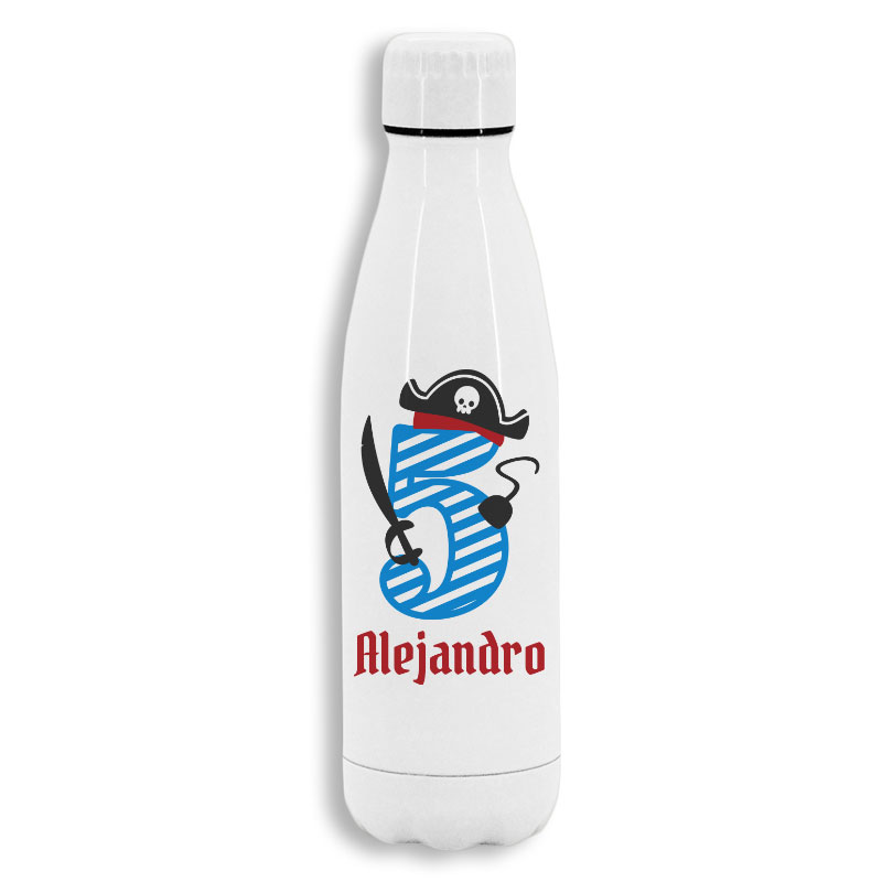 Botella de acero inoxidable blanca personalizada modelo pirata 5 años