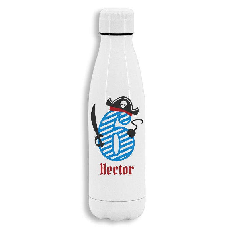 Botella de acero inoxidable blanca personalizada modelo pirata 6 años