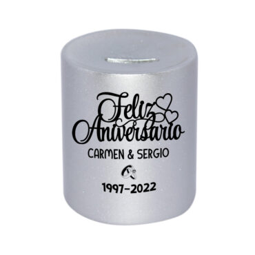 Hucha plateada personalizada para bodas de plata "Feliz Aniversario"