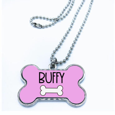 Placa de aluminio en forma de hueso para perro. Modelo Huesito Rosa