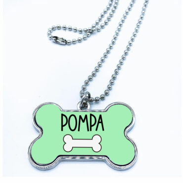 Placa de aluminio en forma de hueso para perro. Modelo Huesito Verde