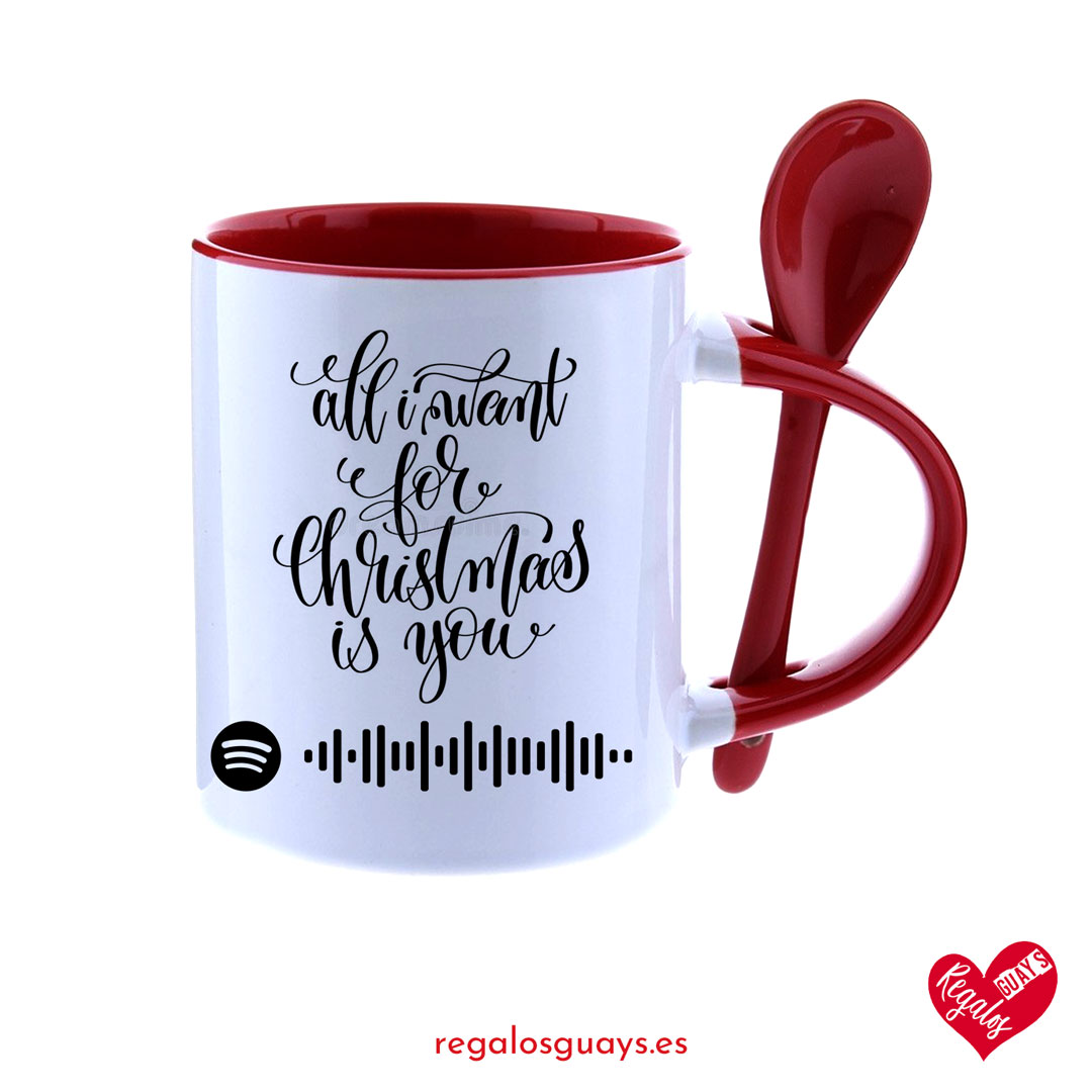 Taza bicolor con cuchara roja "All I want for Christmas is you" + Spotify