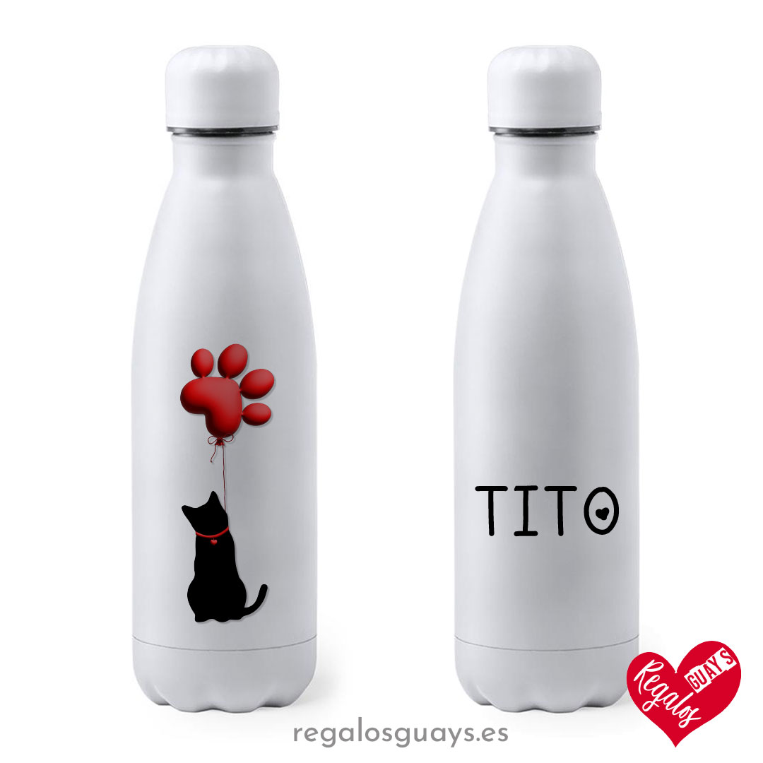 Botella de acero inoxidable blanca personalizada con nombre de tu gato