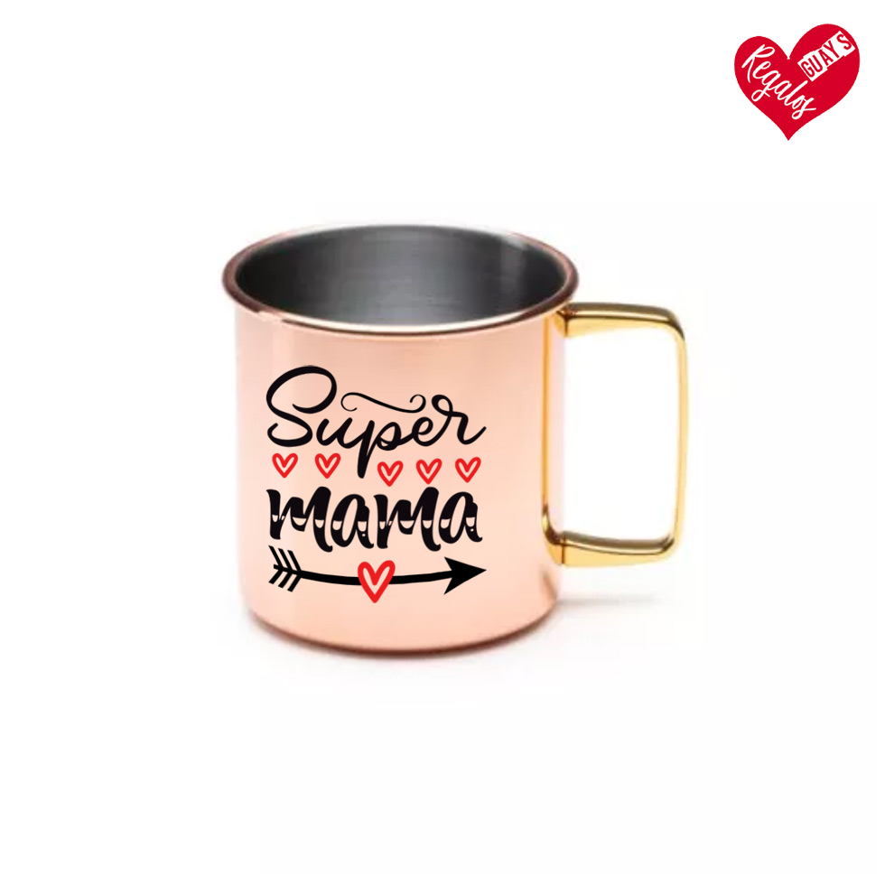 Taza “Super Mamá” Acero Rosa con Asa Dorada